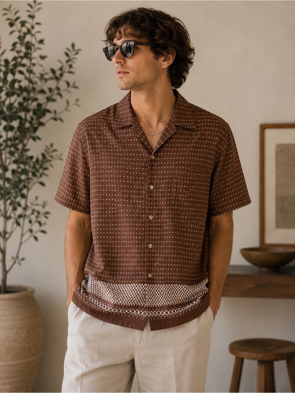 Perry Ellis Brown Geometric Retro 100% Cotton Short-Sleeve Button-Down Shirt S